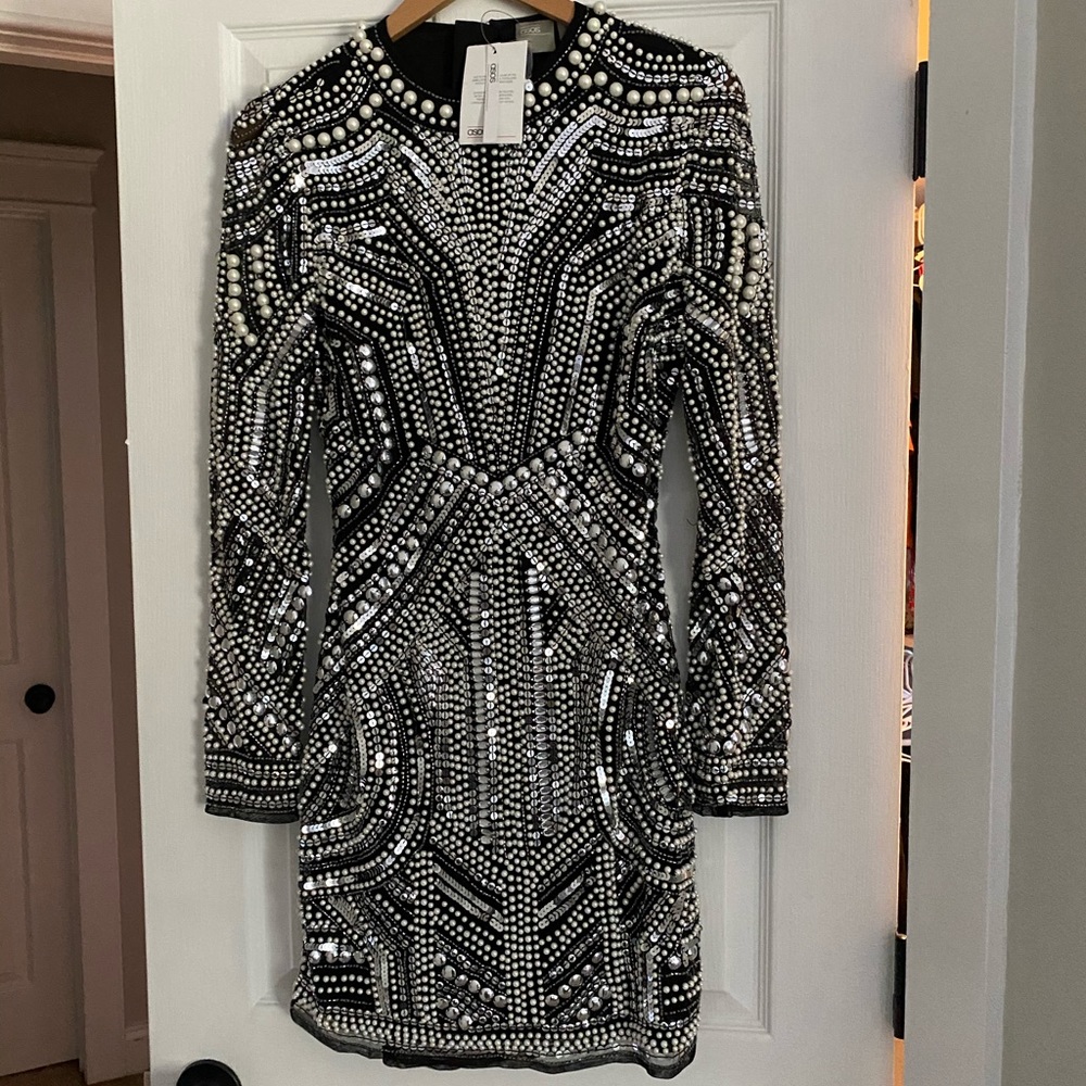 NWT ASOS black long sleeve beaded mini-dress